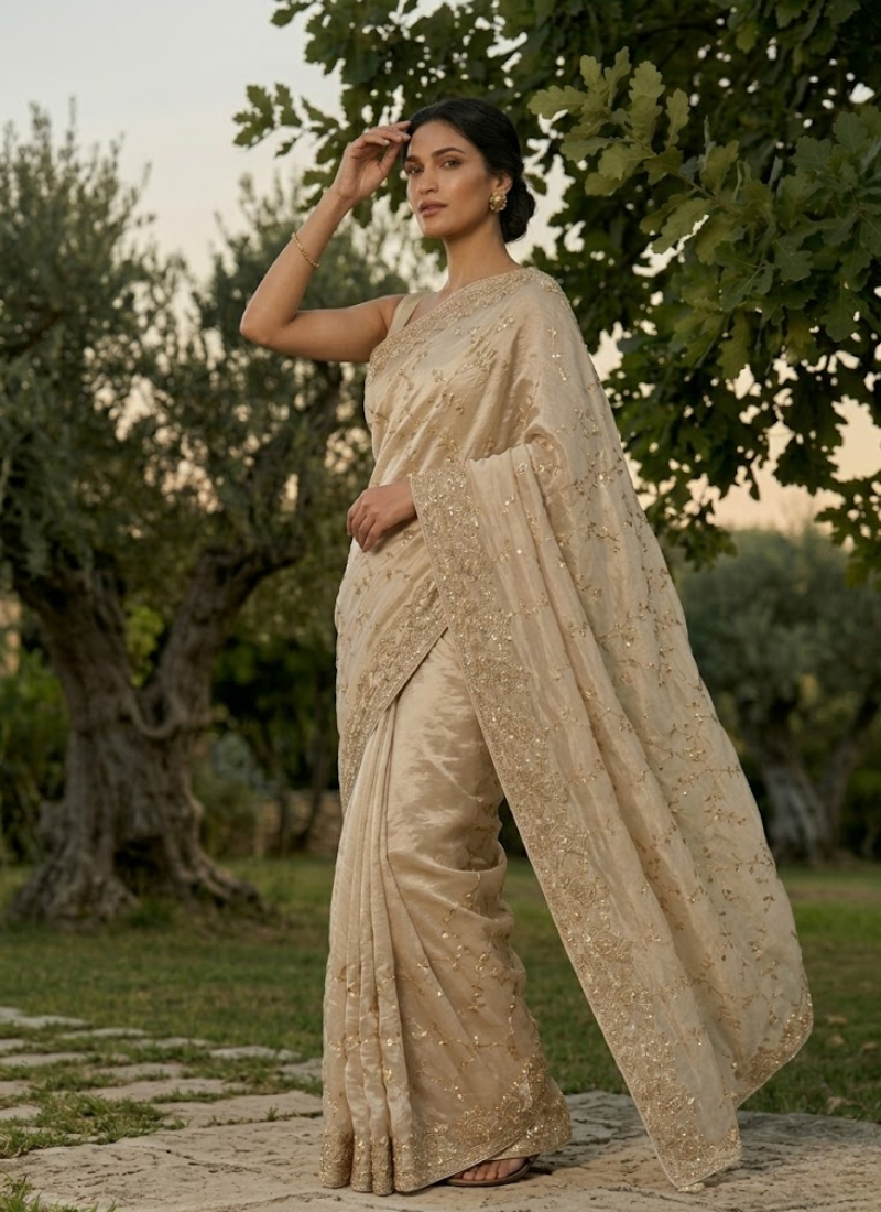 Space Silk Saree – Sequin & Zari Embroidery with Matching Blouse