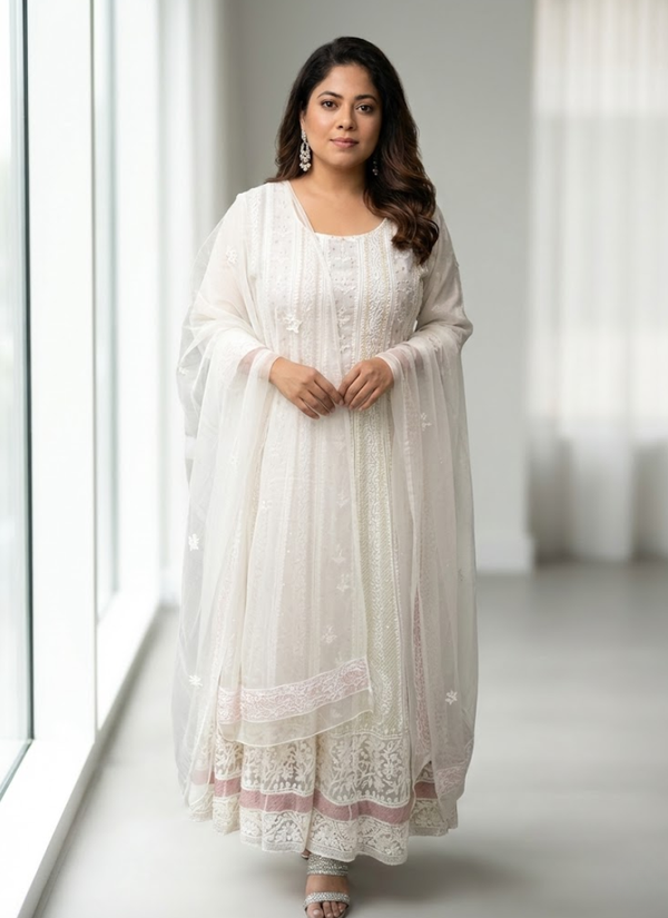 White Handmade Lucknowi Anarkali in Maslin Organza