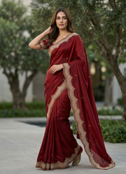 Fendy Satin Silk Saree with Gold Pearl Embroidery & Matching Blouse 7