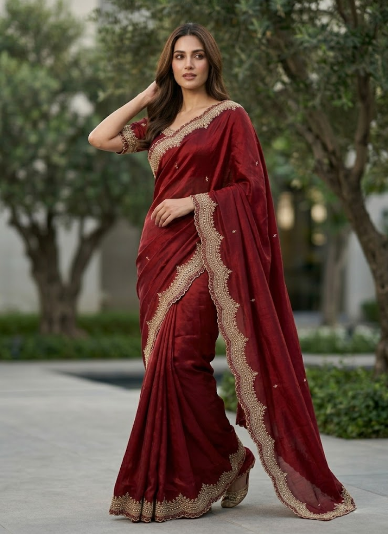 Fendy Satin Silk Saree – Gold Embroidery with Pearl Detailing & Matching Blouse