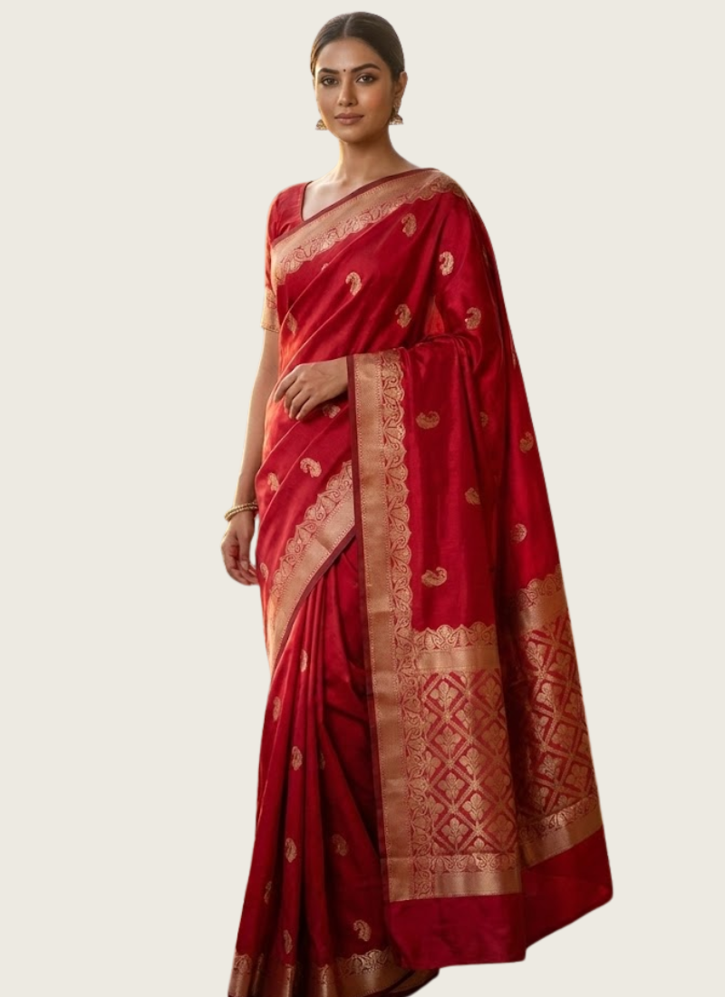 Red Banarasi Katan Silk Saree – Zari Work with Blouse Piece