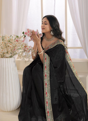 Space Silk Saree with Multicolour Thread & Sequins Embroidery + Blouse Fabric 4