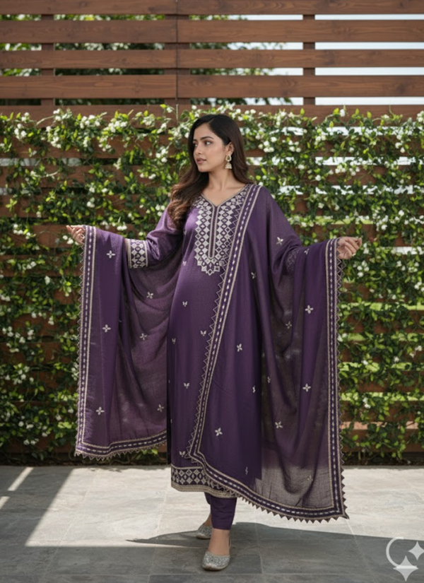 Dark Purple Shimary Silk Salwar Suit with Mirror Work