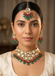 Kundan Necklace Set with Earrings & Tikka – Green & Red Beads 3