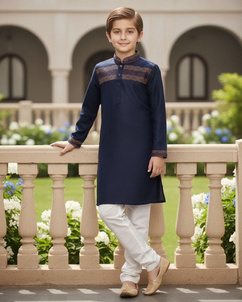 Kids Navy Blue Linen Kurta with Embroidery & White Cotton Pyjama