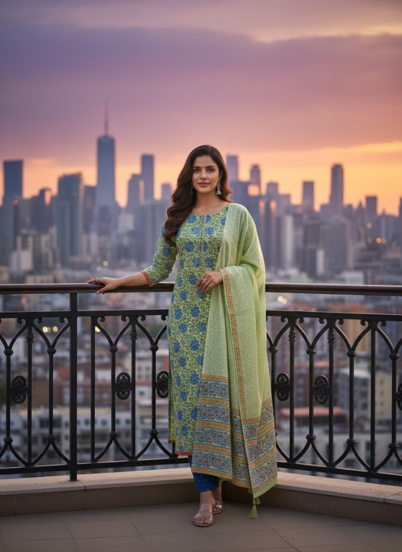 Cotton Block Printed Salwar Suit – Lemon & Blue