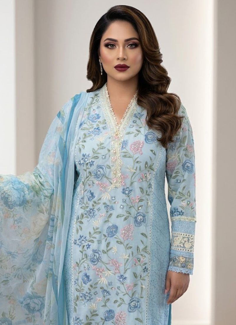 Light pest chiffon salwar kameez with satin salwar, georgette dupatta, embroidery, tassels, and lace work.