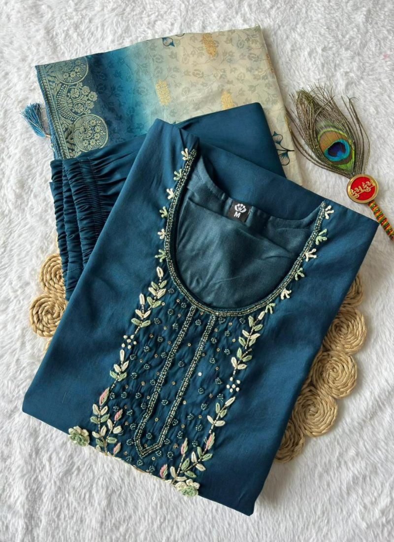 Morpich Roman Silk Punjabi Suit with Handwork & Lichi Silk Jacquard Dupatta