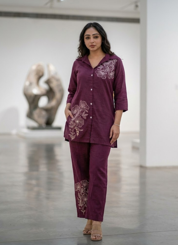 Cotton Slub Embroidered Co‑Ord Set for Women (Top & Pant)