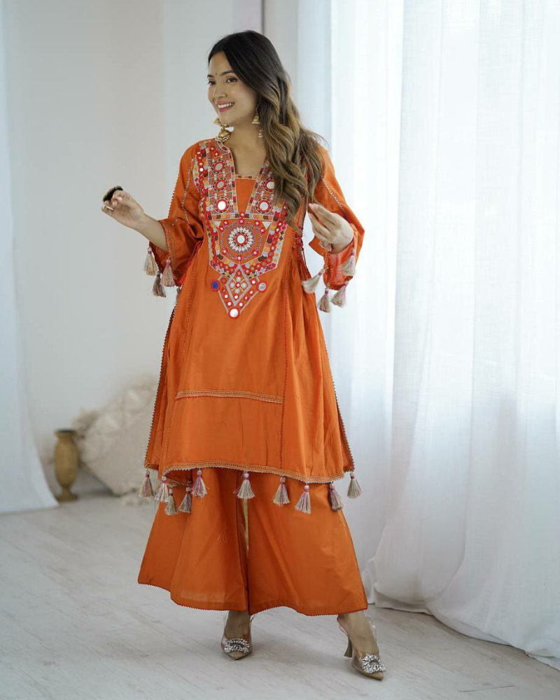 Designer Khadi Cotton Co-ord Set – Embroidery & Mirror Work