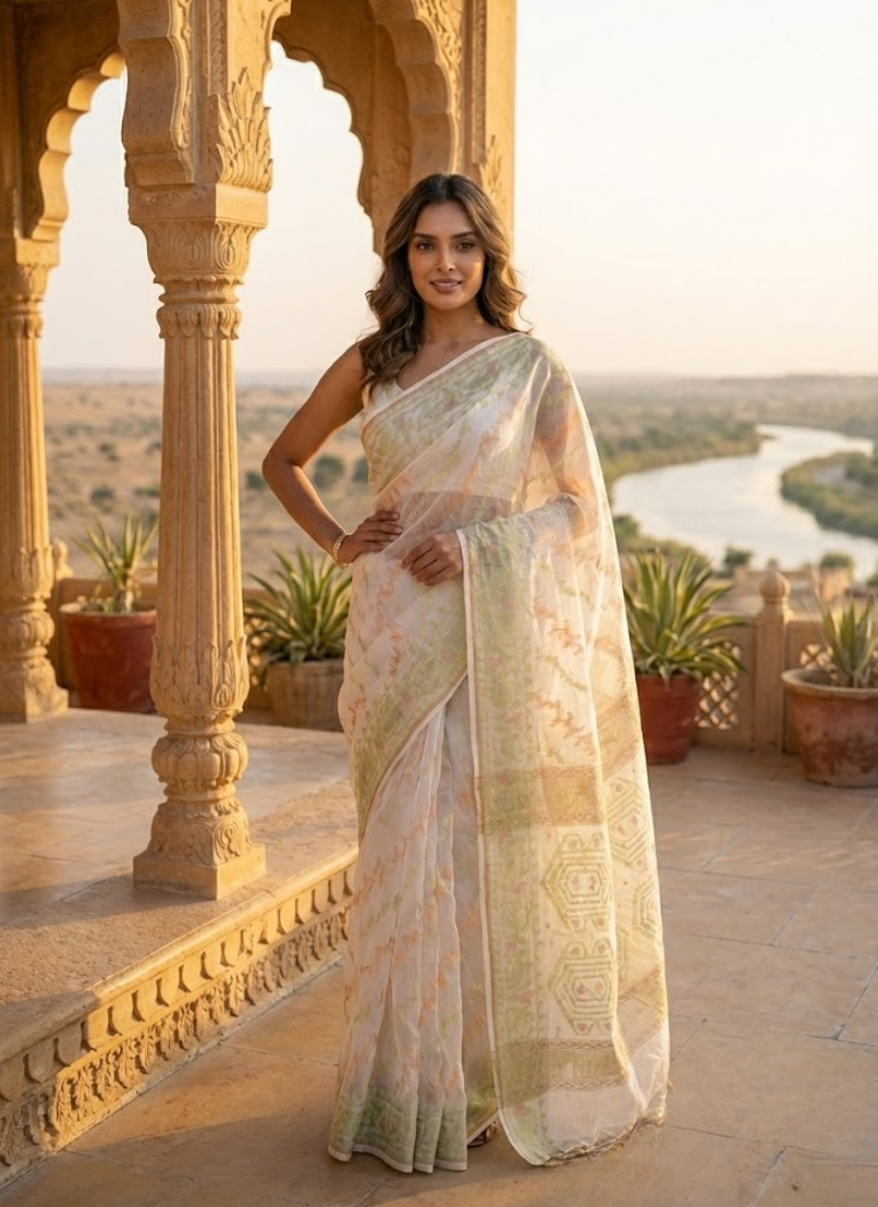 Off-White Jamdani Saree with Mari Thread Work