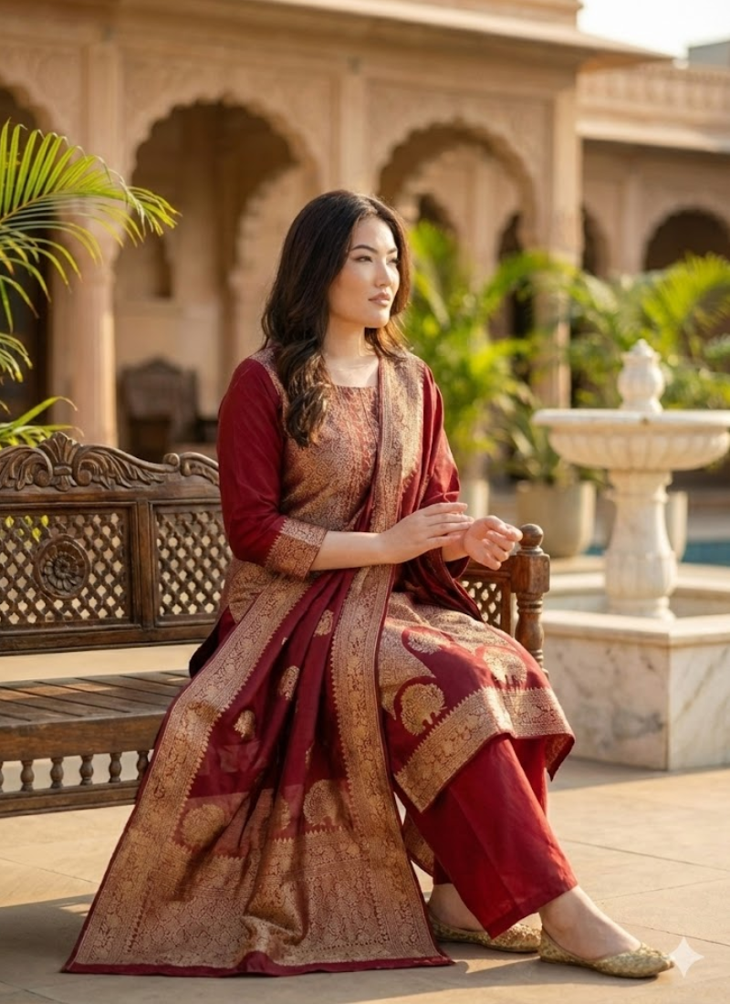 Pure Banarasi Punjabi Suit with Dupatta & Bracelet