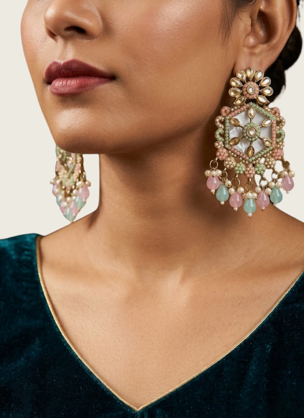 Sea Green with Baby Pink Kundan Earrings, jewellery for mehndi function Perth Australia