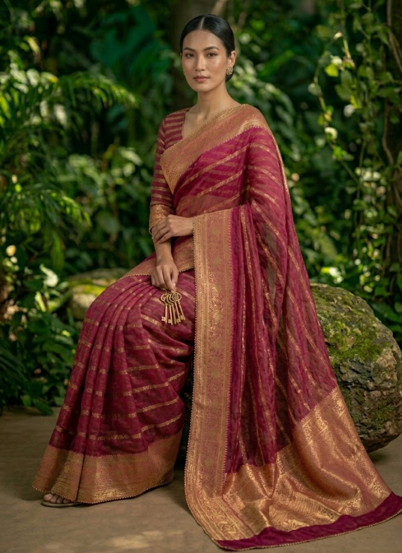 Magenta Banarasi Organza Saree with Blouse Piece