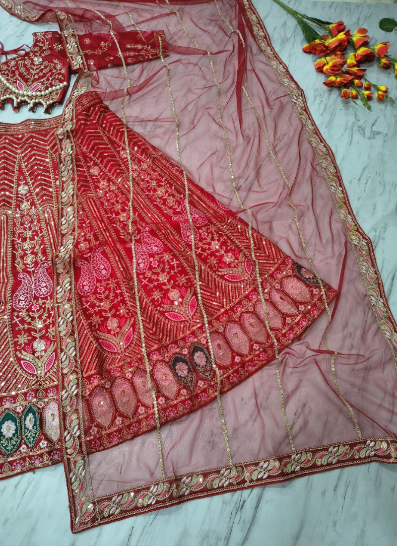 Red Kasturi Silk Bridal Lehenga Choli with Heavy Sequins & Pearl Embroidery + Net Dupatta