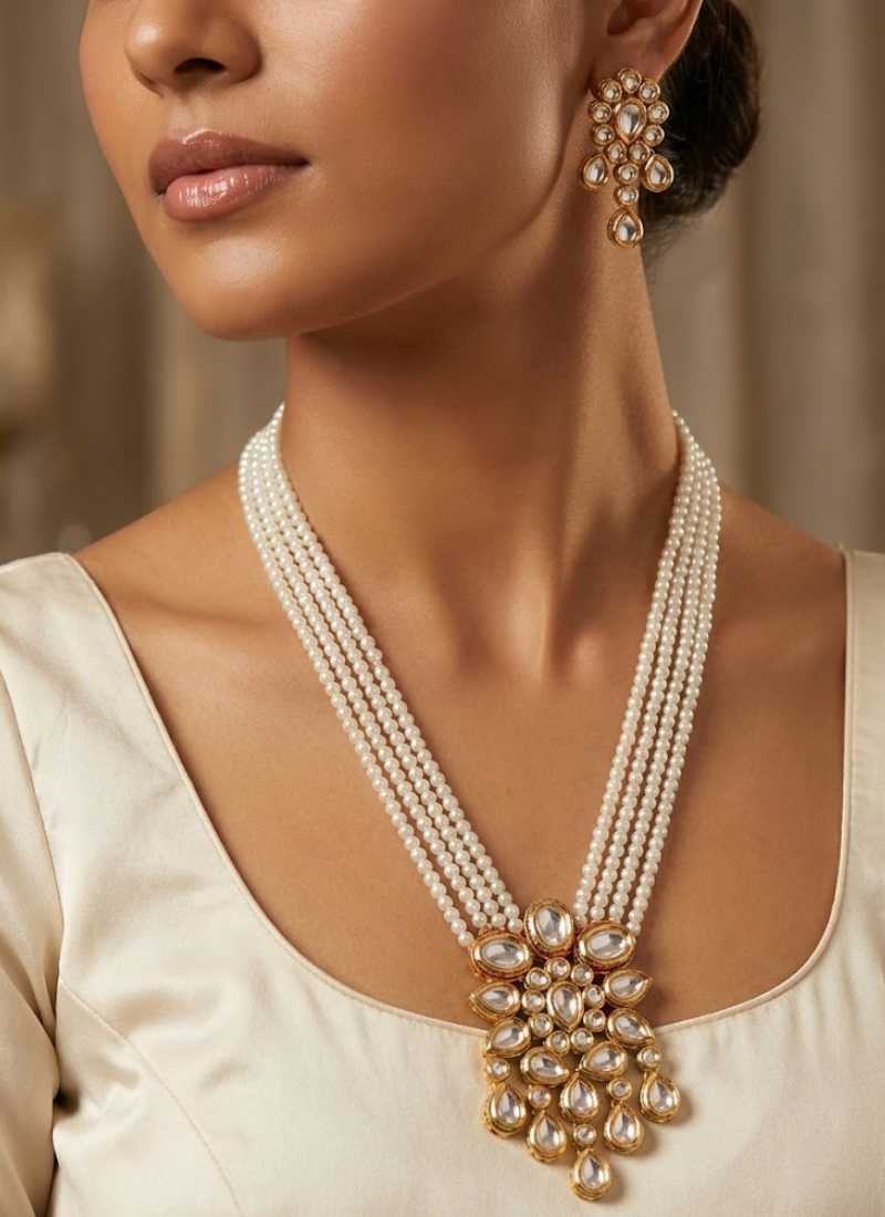 Kundan Necklace Set with Earrings – Pearl Finish