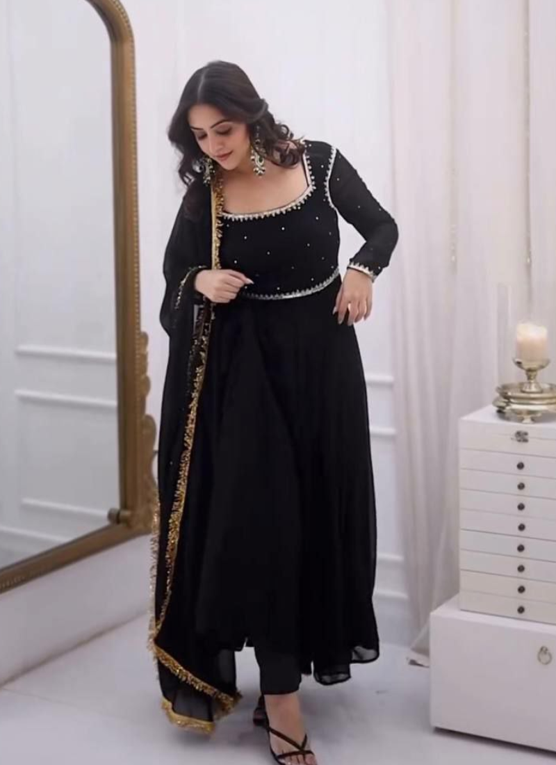 Black Anarkali Salwar Suit in Faux Georgette with Handwork & Diamond Lace Dupatta