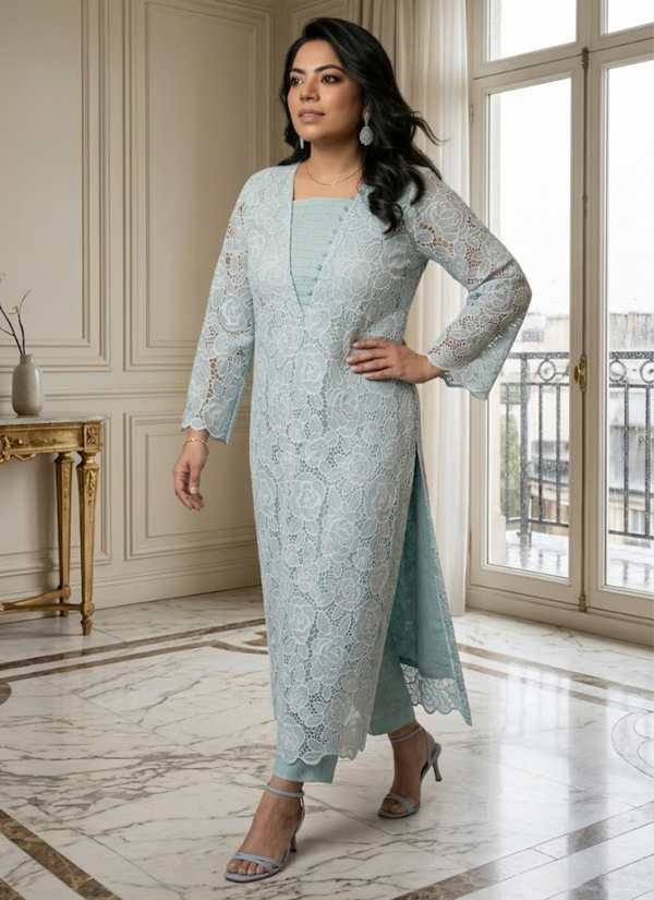 Light Pest Silk Chikankari Co‑Ord Set with Divider Bottom