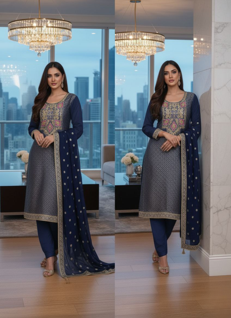 Jacquard Banarasi Salwar Suit – Hand Embroidery & Chiffon Dupatta