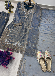 Fendy Silk Suit Set – Embroidery & Sequins with Palazzo & Dupatta 2