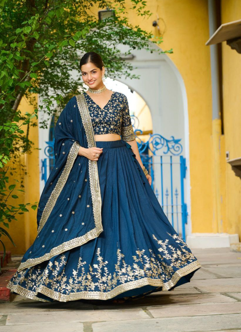 Vichitra Silk Sequins Embroidered Lehenga Set