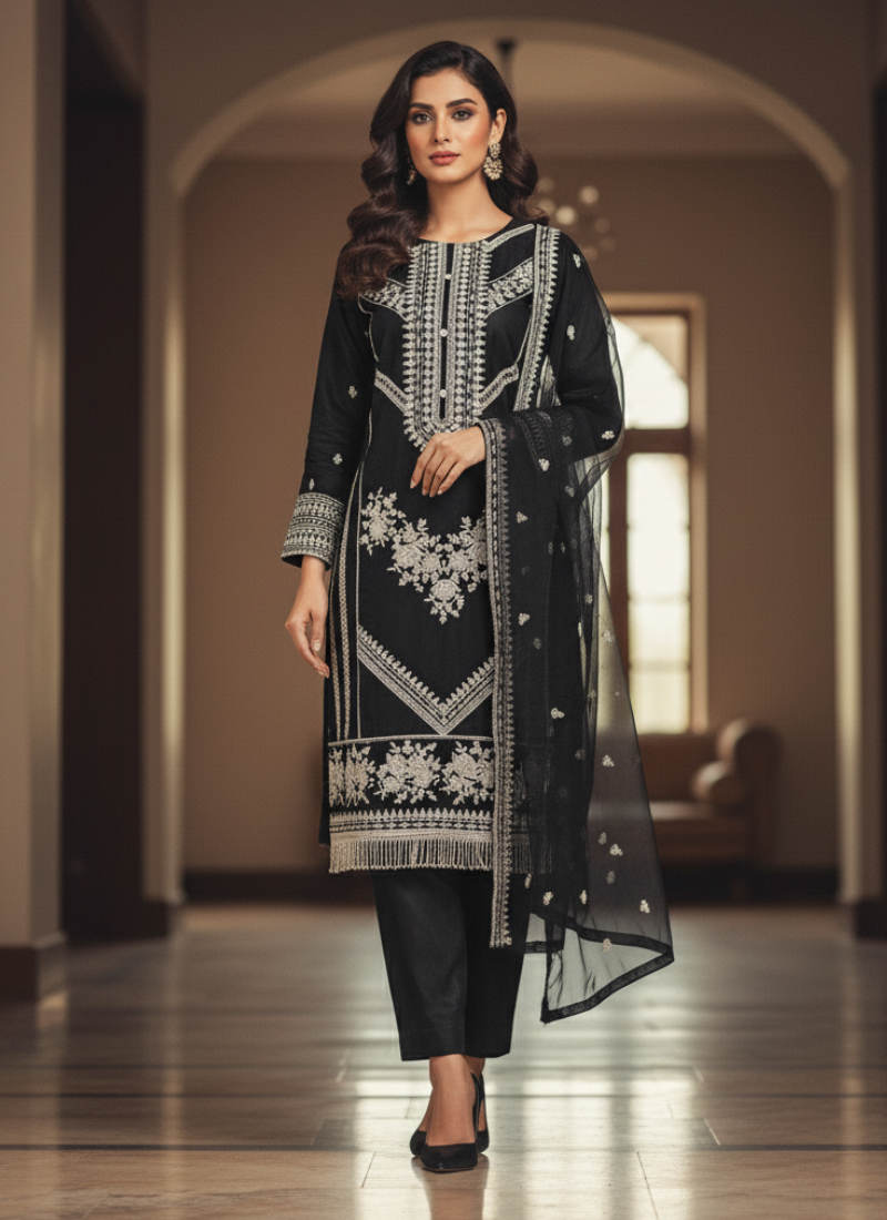 Black Pakistani Salwar Suit – Organza with Embroidery & Cotton Pajama