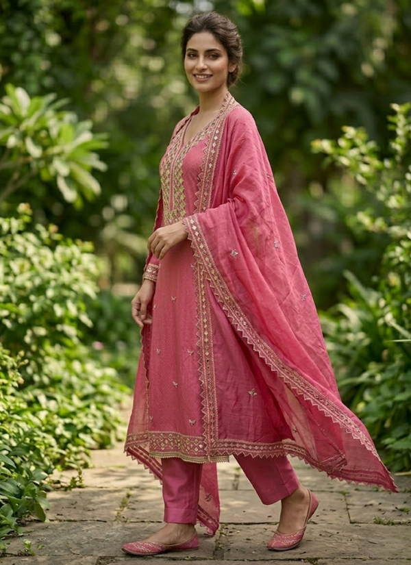 Pink Silk Salwar Suit with Mirror Work