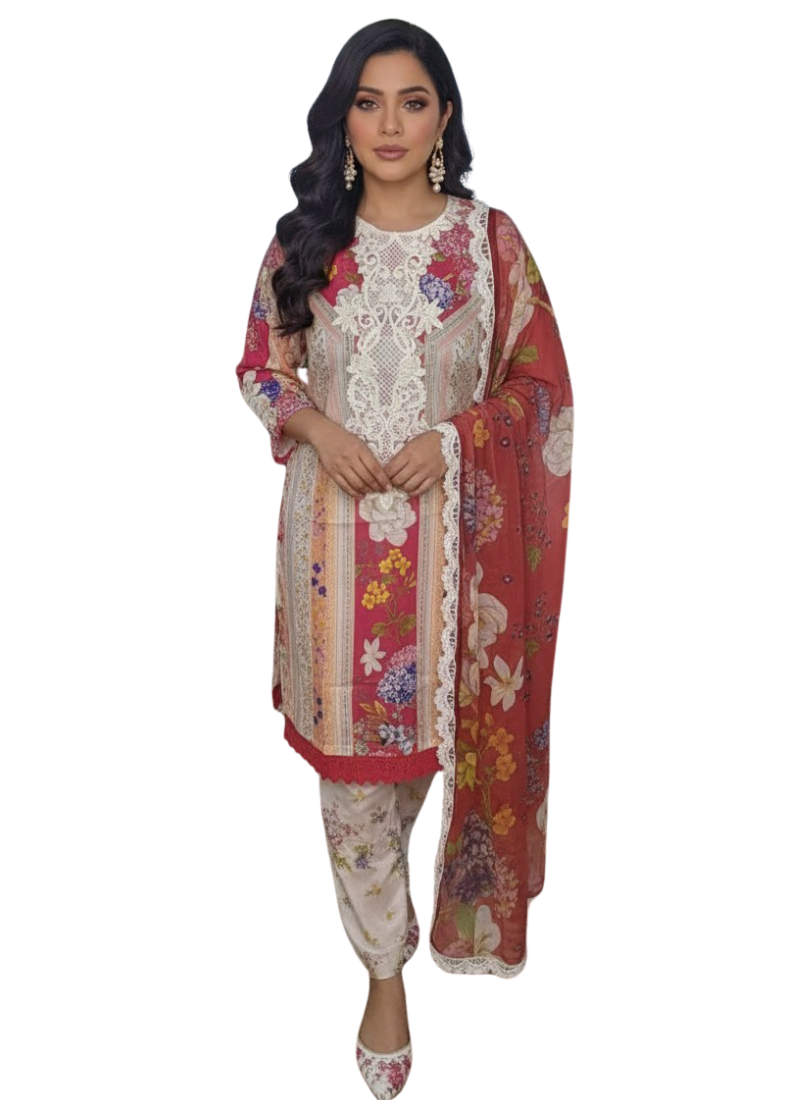 Pakistani Lawn Cotton Salwar Kameez with Chiffon Dupatta