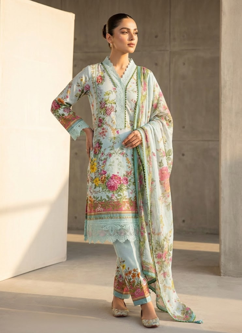 Luxury salwar kameez suit with lawn cotton kameez and salwar, chiffon dupatta, and festive embroidery.