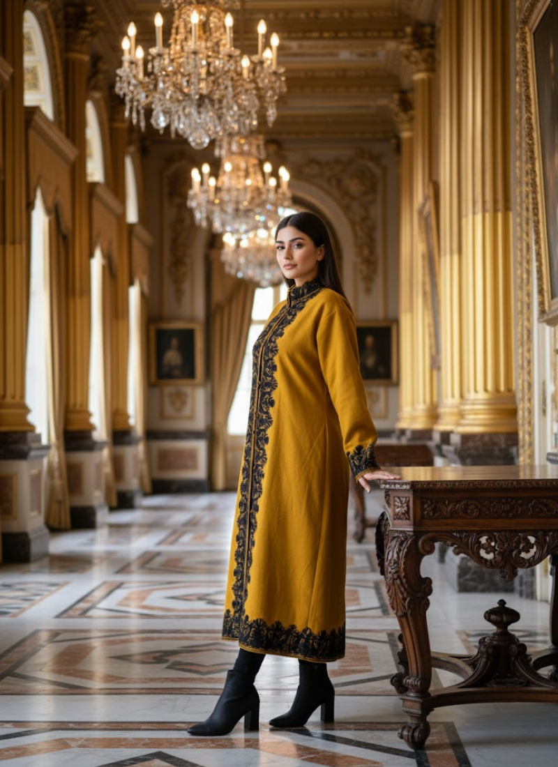 Kashmiri Pashmina Coat – Mustard Yellow Embroidered