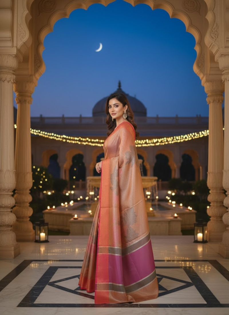 Banarasi Organza Tissue Saree – Rose Gold