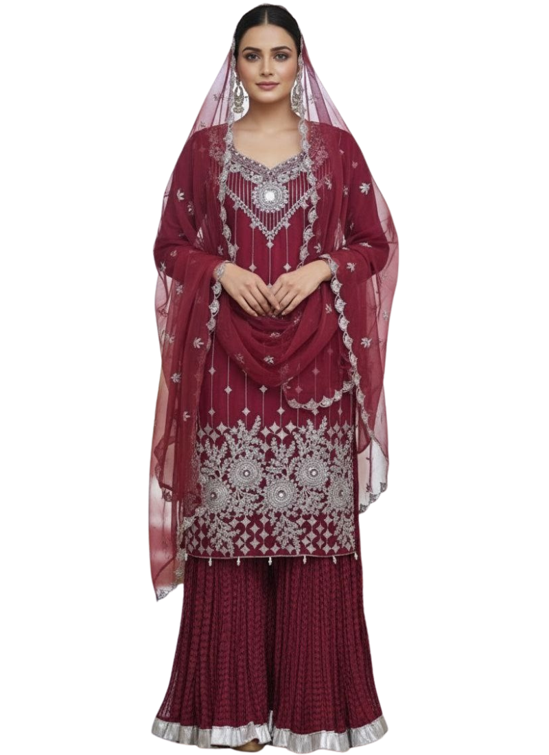 Maroon Pakistani Salwar Suit – Organza with Silver Embroidery