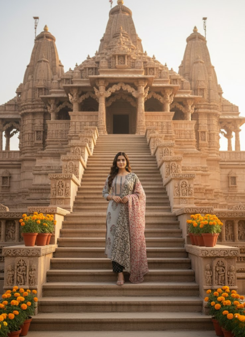 Cotton Block Printed Salwar Suit – Ash & Red