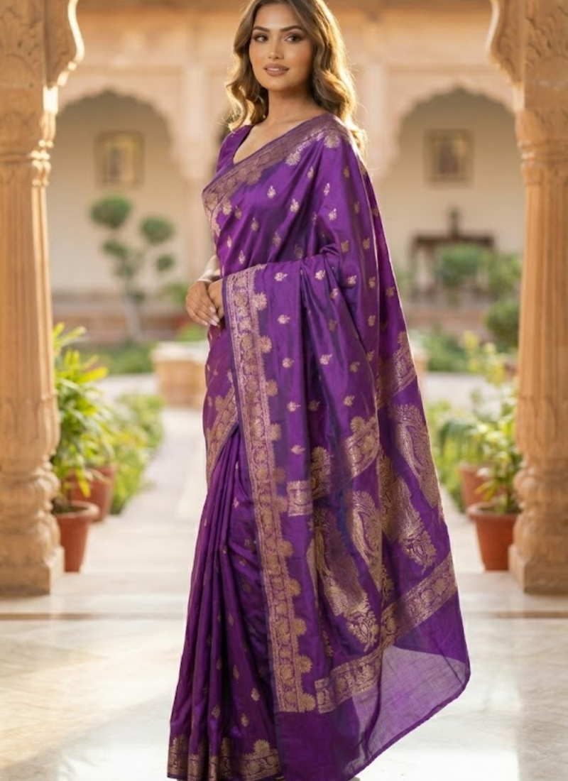 Rich Vibrant Purple Katan Silk Saree with Blouse