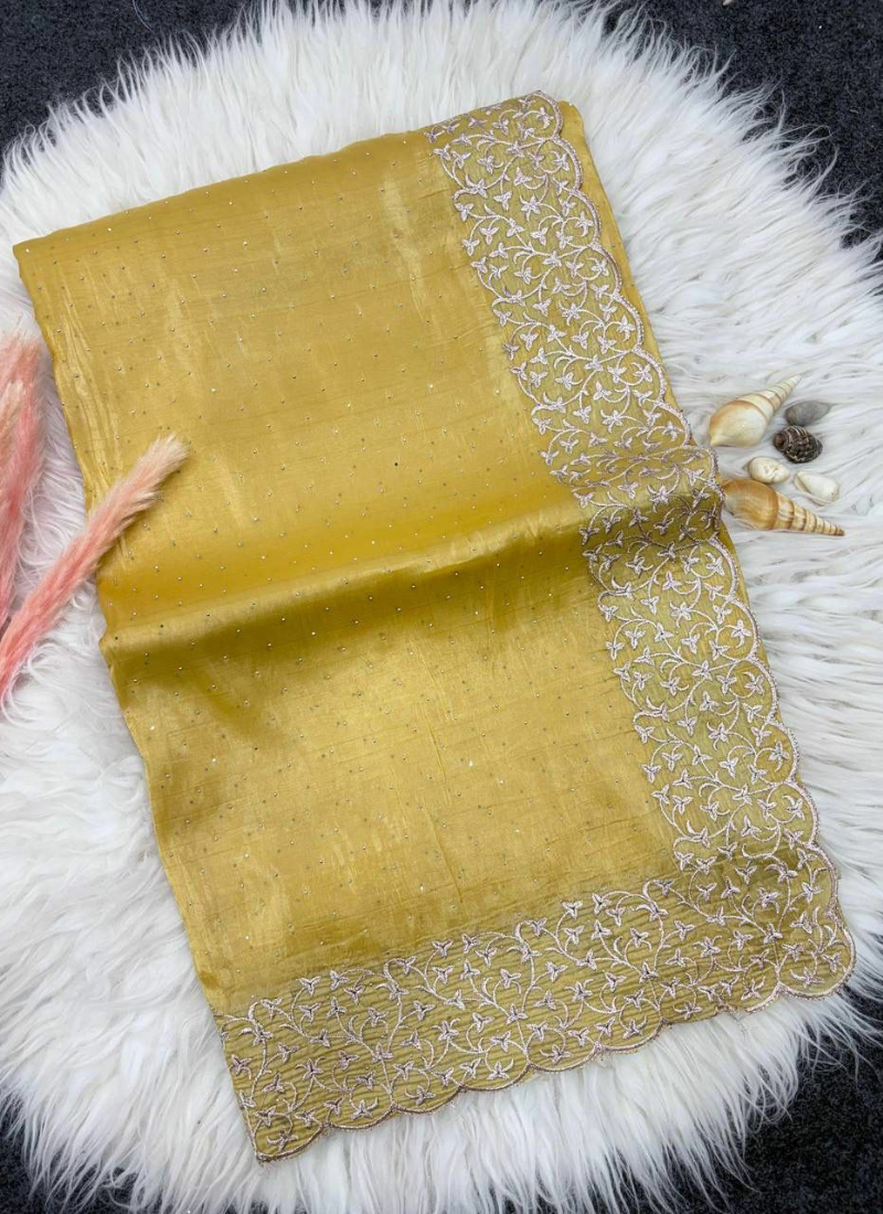 Golden Yellow Silk Saree with Diamond Embroidery, Silver Floral Border & Blouse Piece
