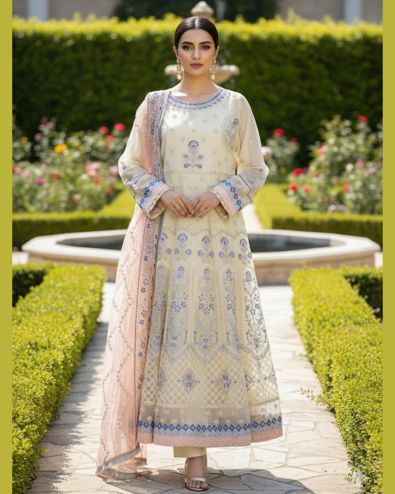 Beige Organza Pakistani Anarkali Dress – Pearl & Stone Embroidery