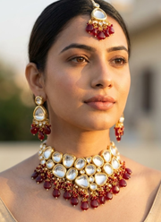 Kundan Necklace Set with Maroon Stone – Earrings & Tikka 4