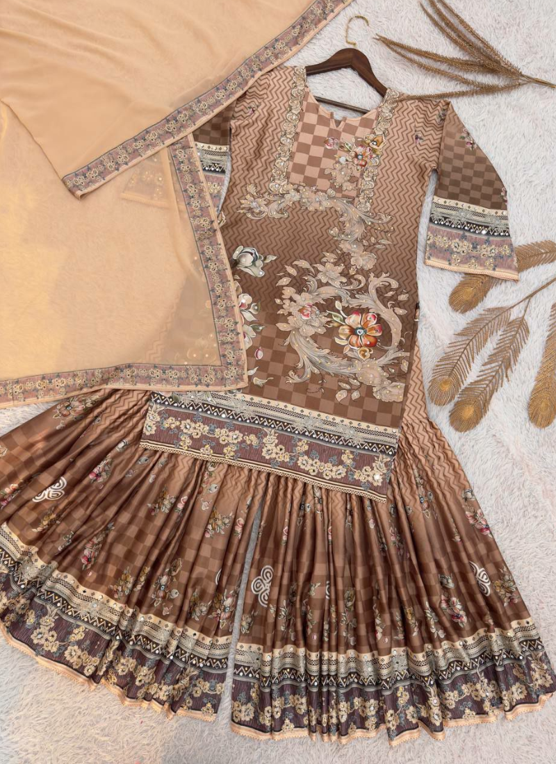 Mocha Brown Chinon Silk Sharara Suit with Mirror & Stone Work + Dupatta