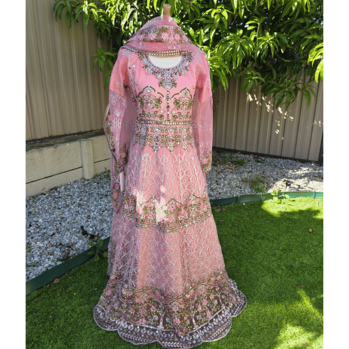 Pink Pakistani Anarkali Suit – Net Fabric with Embroidery