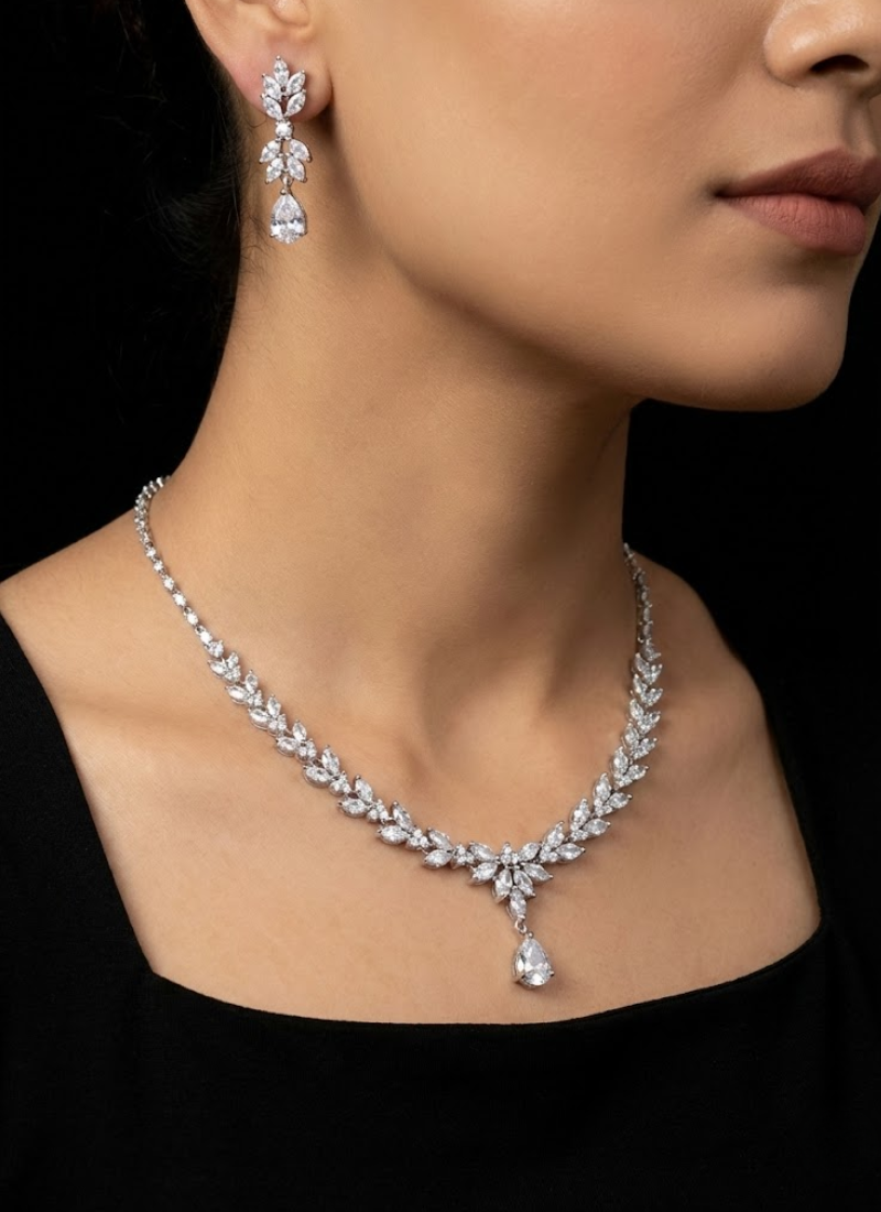 Luxury diamond cut necklace and earring set with high‑quality stone setting, perfect for weddings.