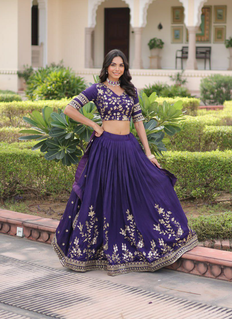 Royal Purple Vichitra Silk Lehenga Choli with Heavy Sequins & Zari Embroidery + Dupatta