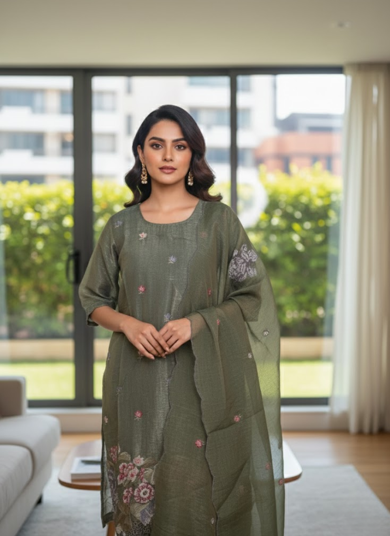 Crepe Silk Salwar Suit – Green with Floral Embroidery