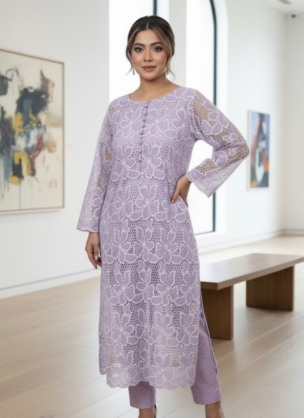 Lilac Silk Chikankari Co‑Ord Set with Divider Palazzo