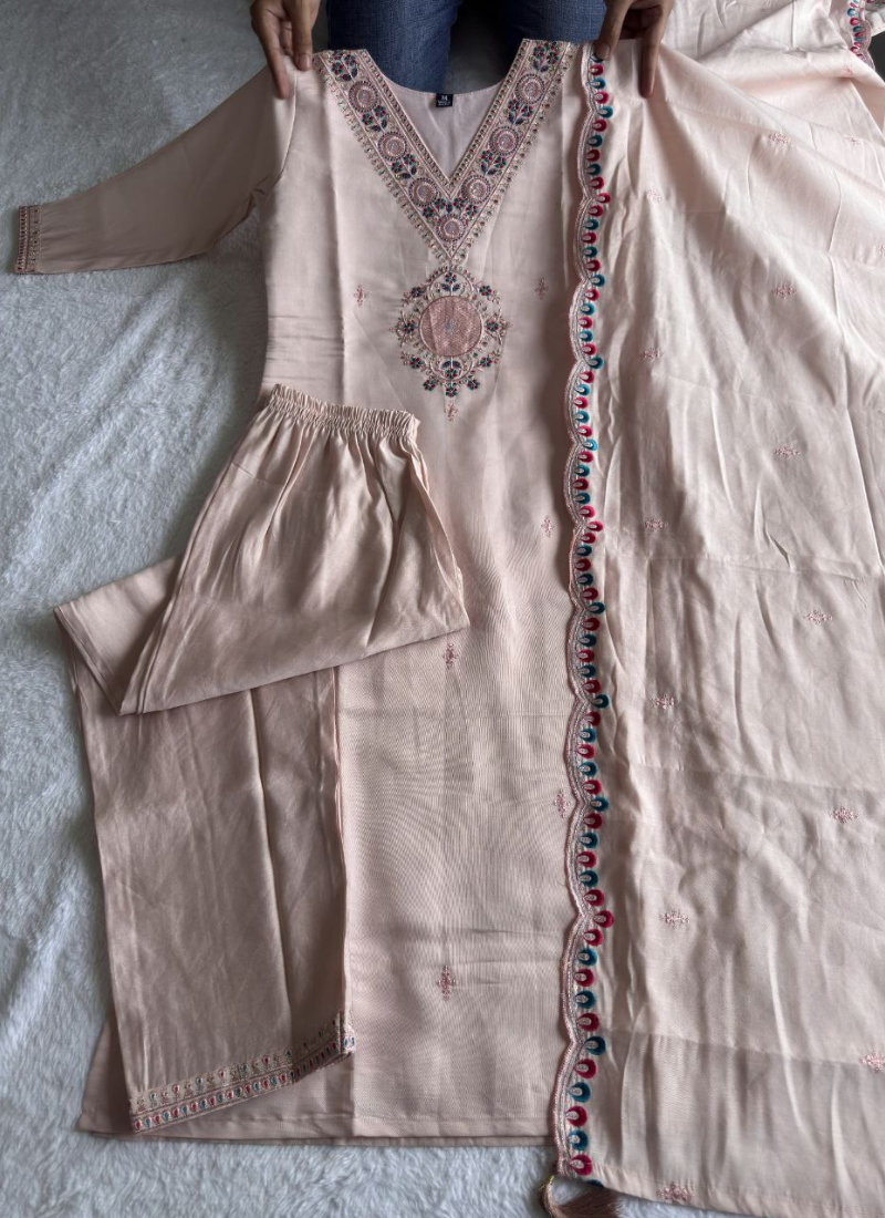 Light Peach Roman Silk Punjabi Suit with Embroidery & Sequence Dupatta