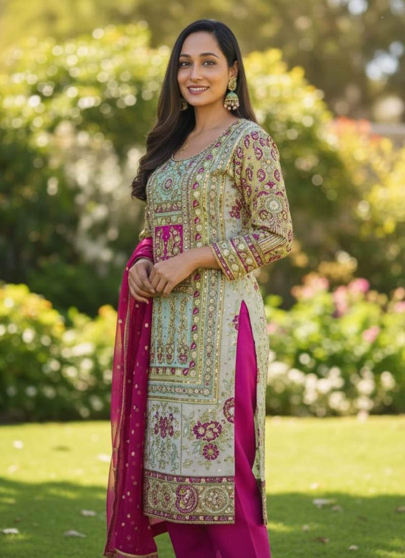Pakistani Kameez in Chinnon silk with hand embroidery