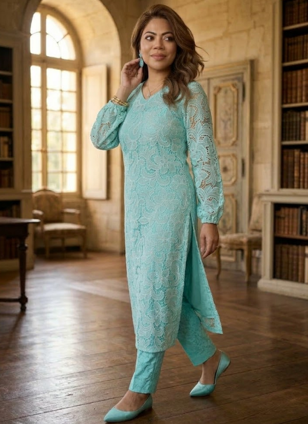 Dark Pest Silk Chikankari Co‑Ord Set with Divider Bottom