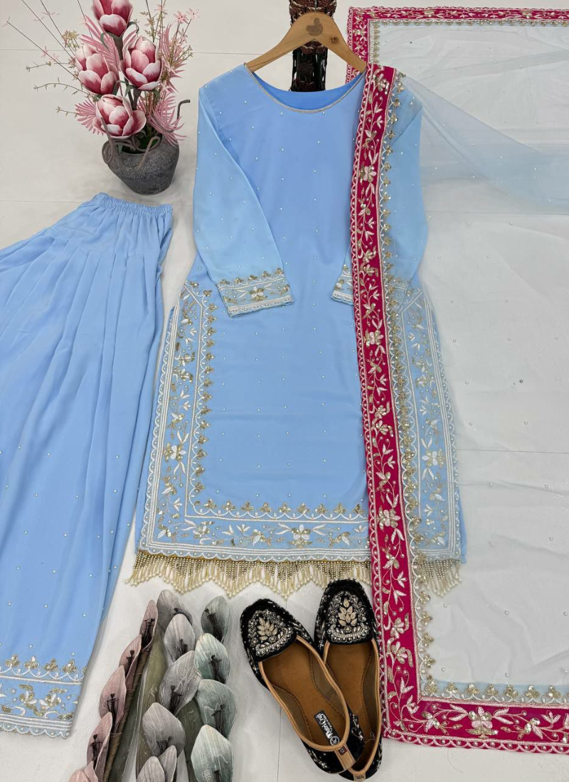 Heavy Georgette Farshi Plazzo Suit with Embroidery & Dupatta