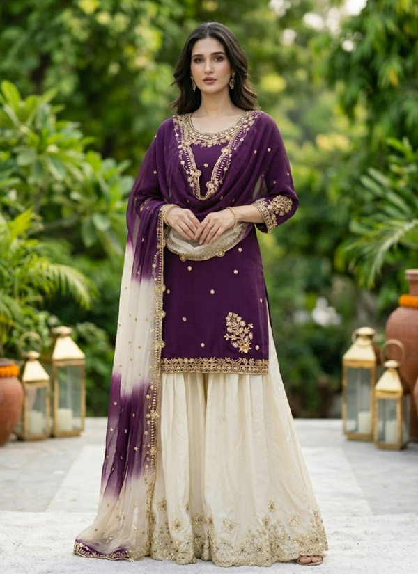 French Crepe Salwar Suit with Organza Dupatta
