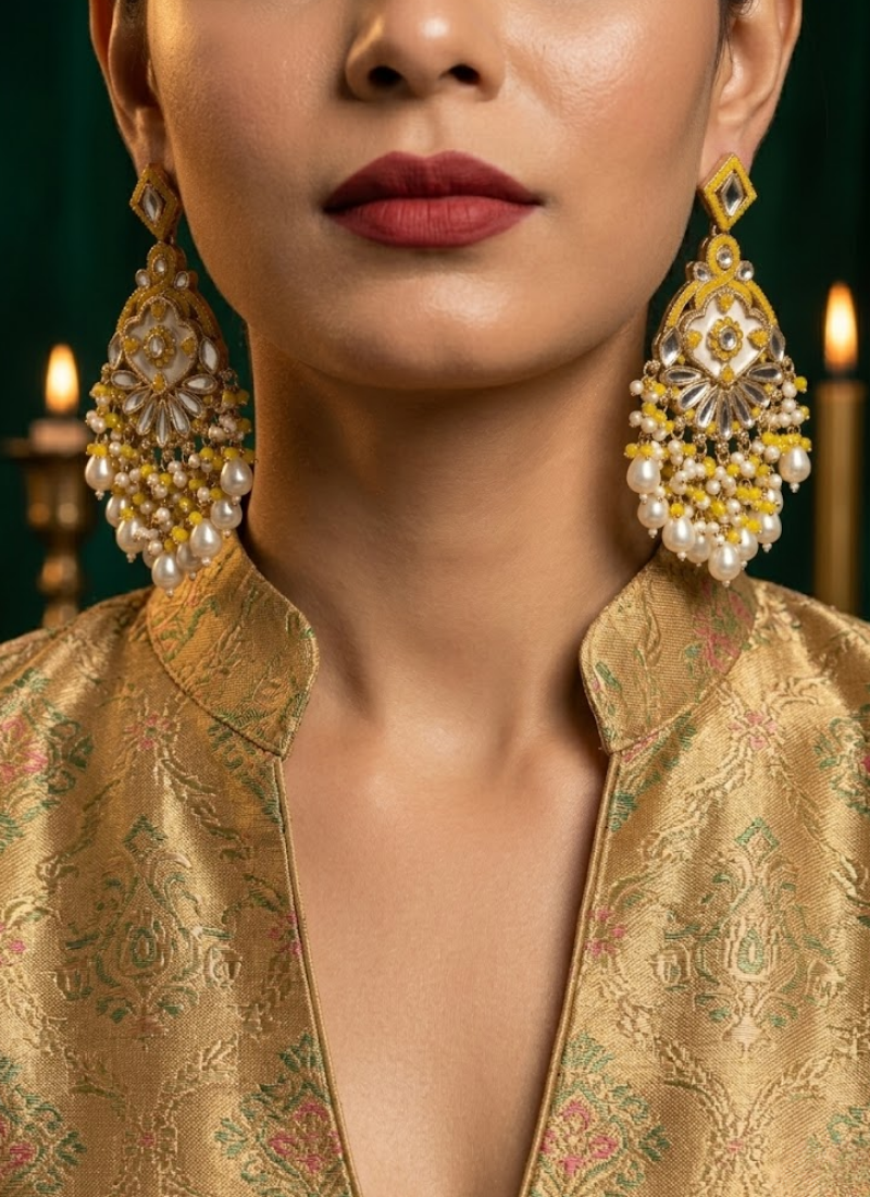 Yellow Kundan Earrings with Moti Work - View 3