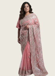 Pink Gotapatti Saree with Handmade Embroidery + Stitched Blouse & Petticoat 1